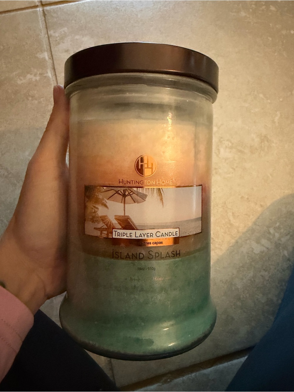 Huntington Home Gradient Layered Candle in Teal, Peach & Cream